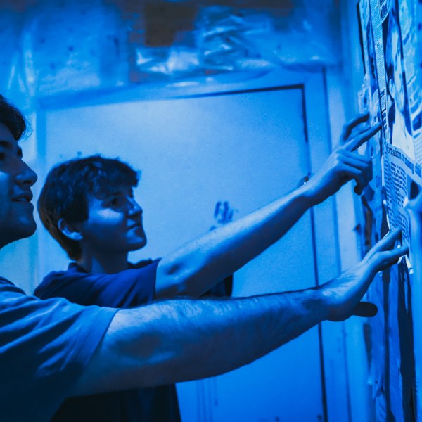 Two boys looking at newspaper articles on a wall